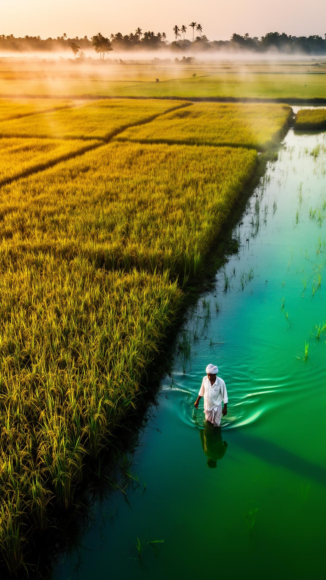 Pokkali farmer wading through brackish paddy waters at sunrise